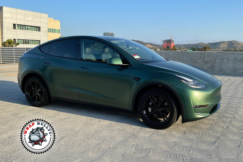 Elevate Your Tesla Model 3 With Custom Satin Metallic Green Wrap Wrap