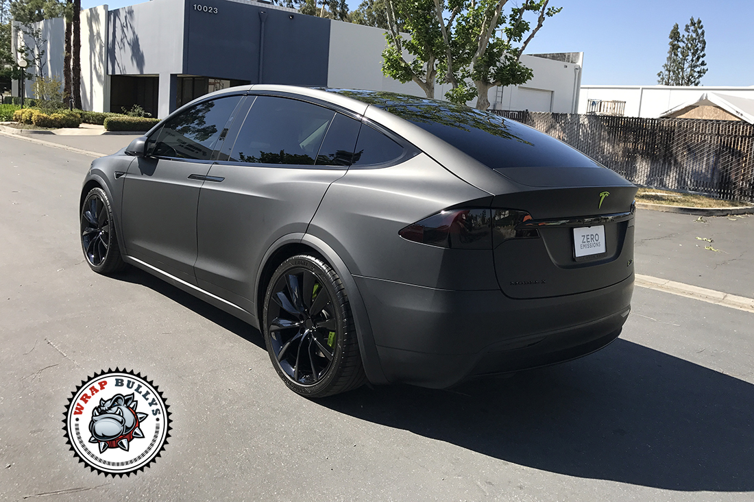 Tesla Model X wrapped in Matte Black Car Wrap. Call today for pricing.