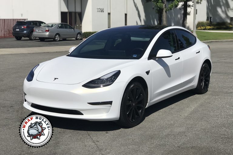 Tesla Model 3 wrapped in 3M Satin Frozen Vanilla in Gardena