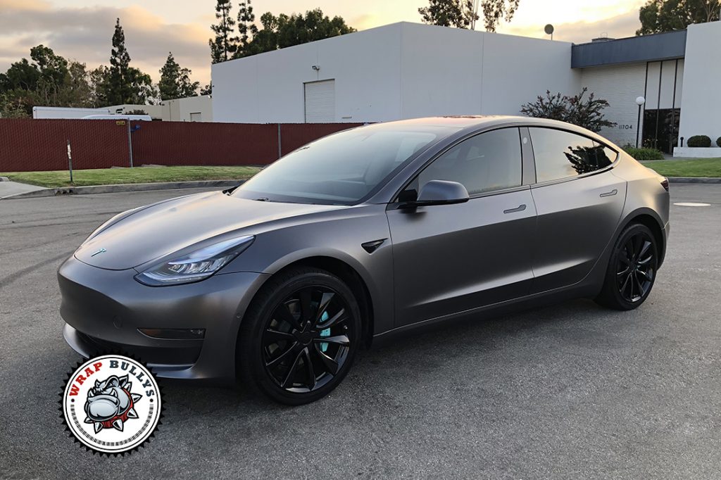 Tesla Model 3 wrapped in 3M Satin Dark Gray in Gardena