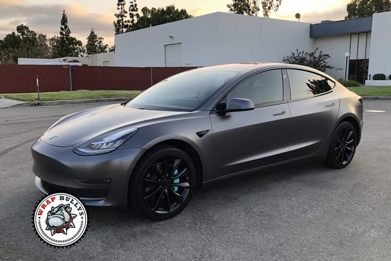 Tesla Model 3 wrapped in 3M Satin Dark Gray in Gardena