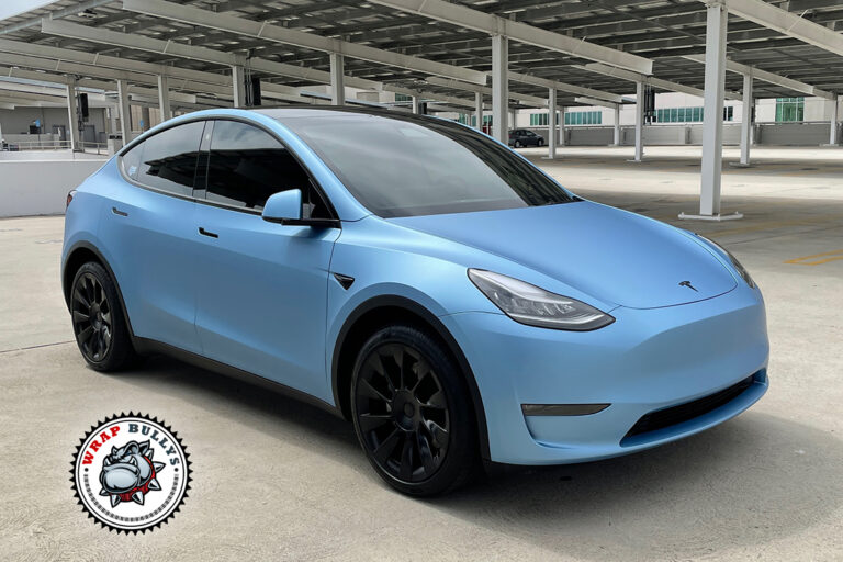 Tesla Model Y wrapped in Avery Matte Metallic Frosty Blue in Gardena