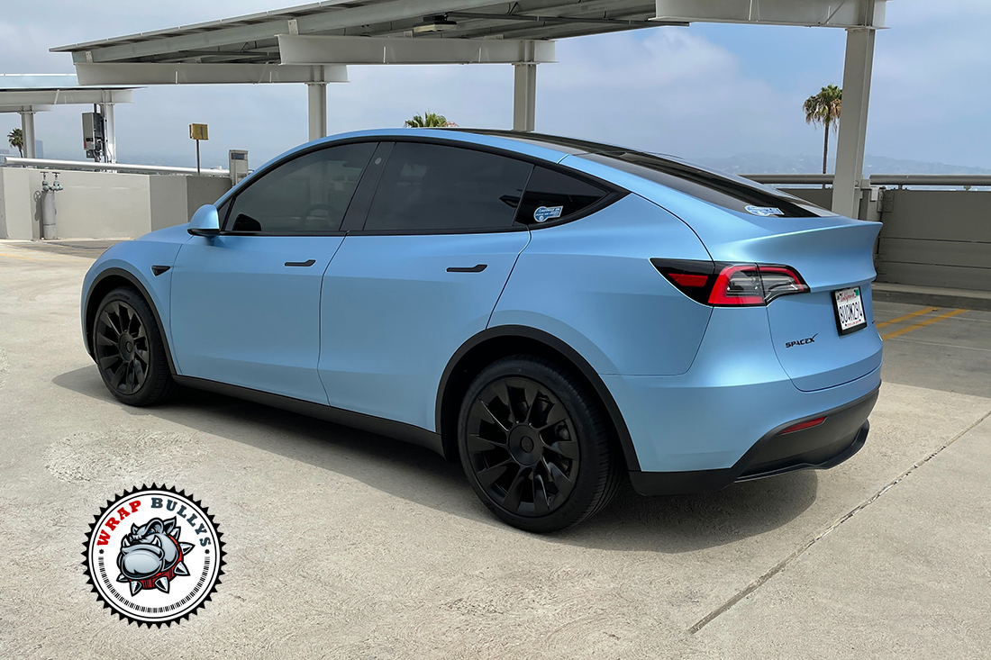 Tesla Model Y Matte Frosty Blue Metallic Vinyl Wrap - Mile High Customs
