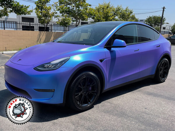 Futuristic Elegance: Tesla Model Y Transformed with 3M Satin Flip Glacial Frost Car Wrap