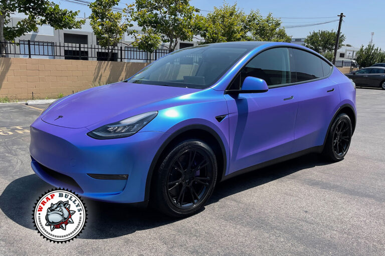 2024 Tesla Model Y wrapped in 3M Satin Flip Glacial Frost in Gardena