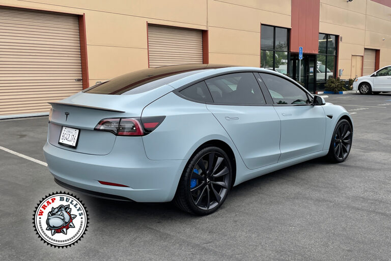 Tesla Model 3 wrapped in 3M Satin Battleship Gray in Gardena