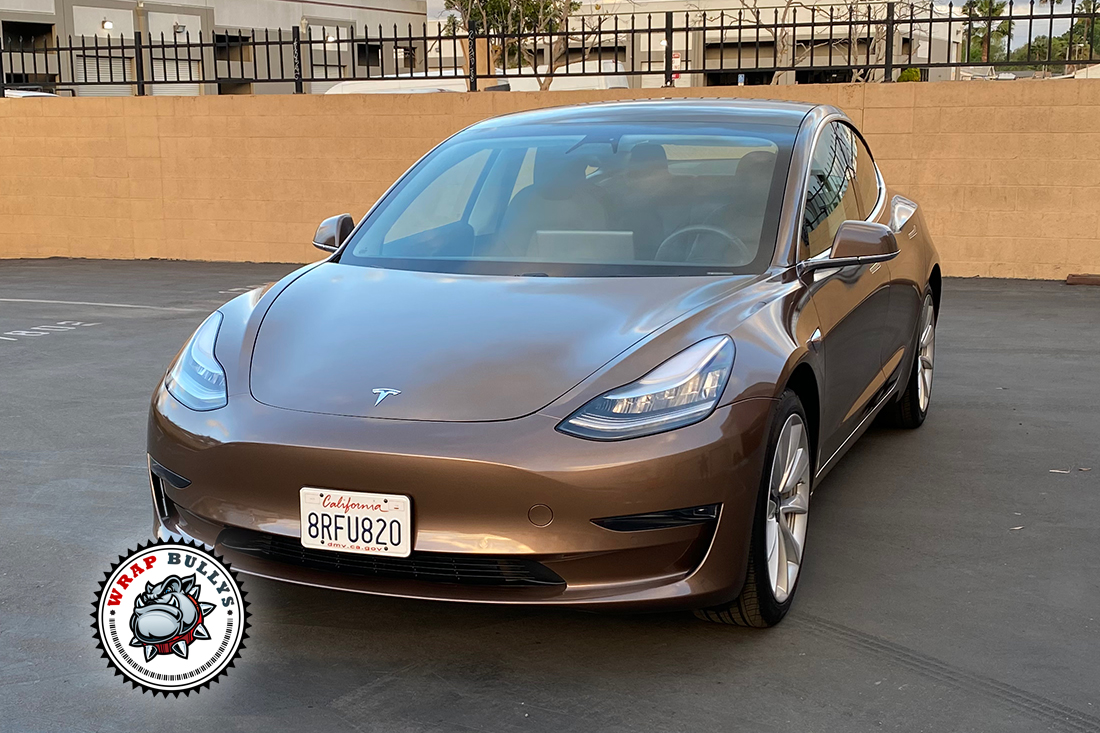 Earthy Opulence: Tesla Model 3 Transformed with Avery Gloss Metallic Brown Car Wrap