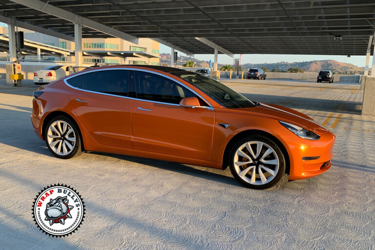 Tesla Model 3 wrapped in 3M Gloss Liquid Copper in Gardena