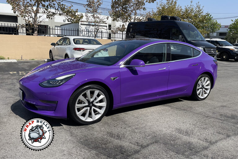 Tesla Model 3 custom printed gloss purple wrap in Gardena