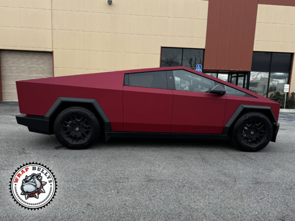 Cybertruck wrapped in Avery Matte Garnet Metallic