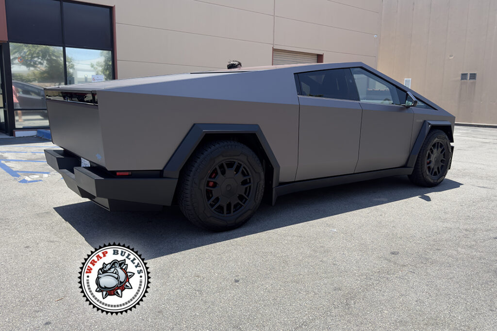Tesla Cyberbeast wrapped in 3M Matte Gray, front three-quarter view