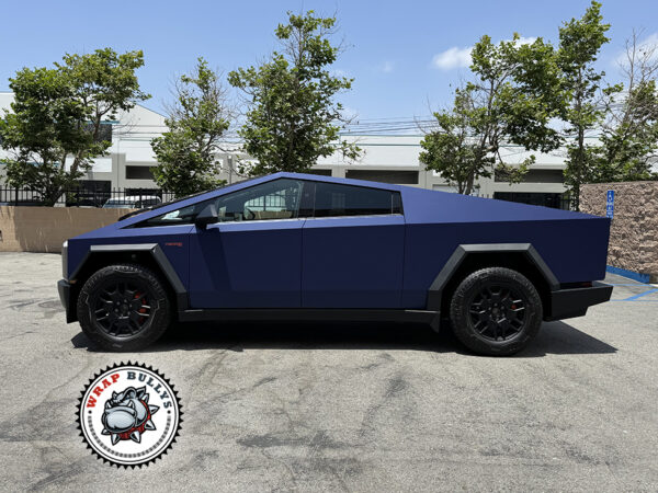 Cybertruck wrapped in Matte Night Blue Metallic