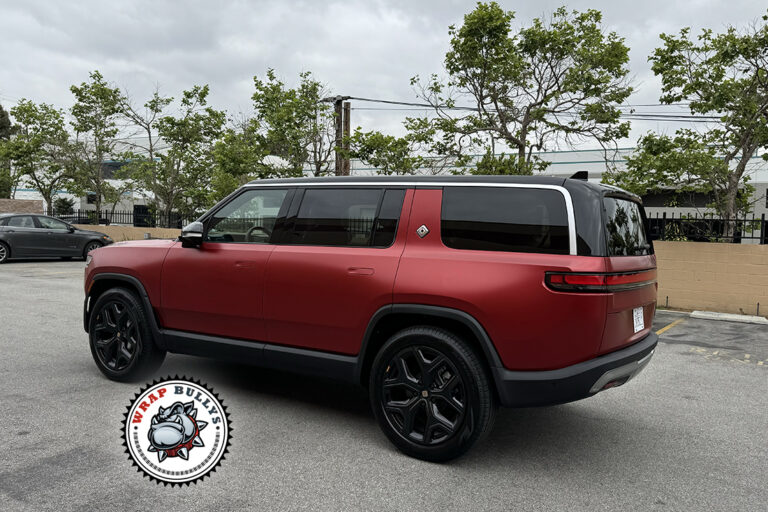 2024 Rivian R1S wrapped in 3M Satin Vampire Red in Gardena