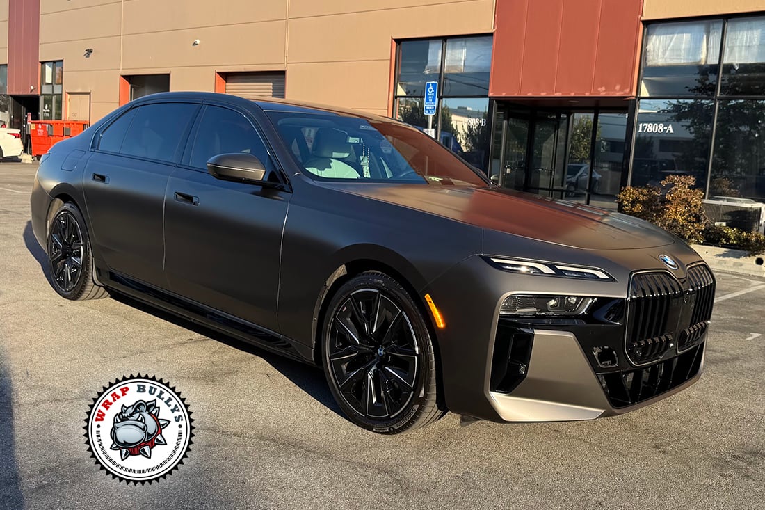 BMW i7 satin basalt vinyl wrap finish installed locally