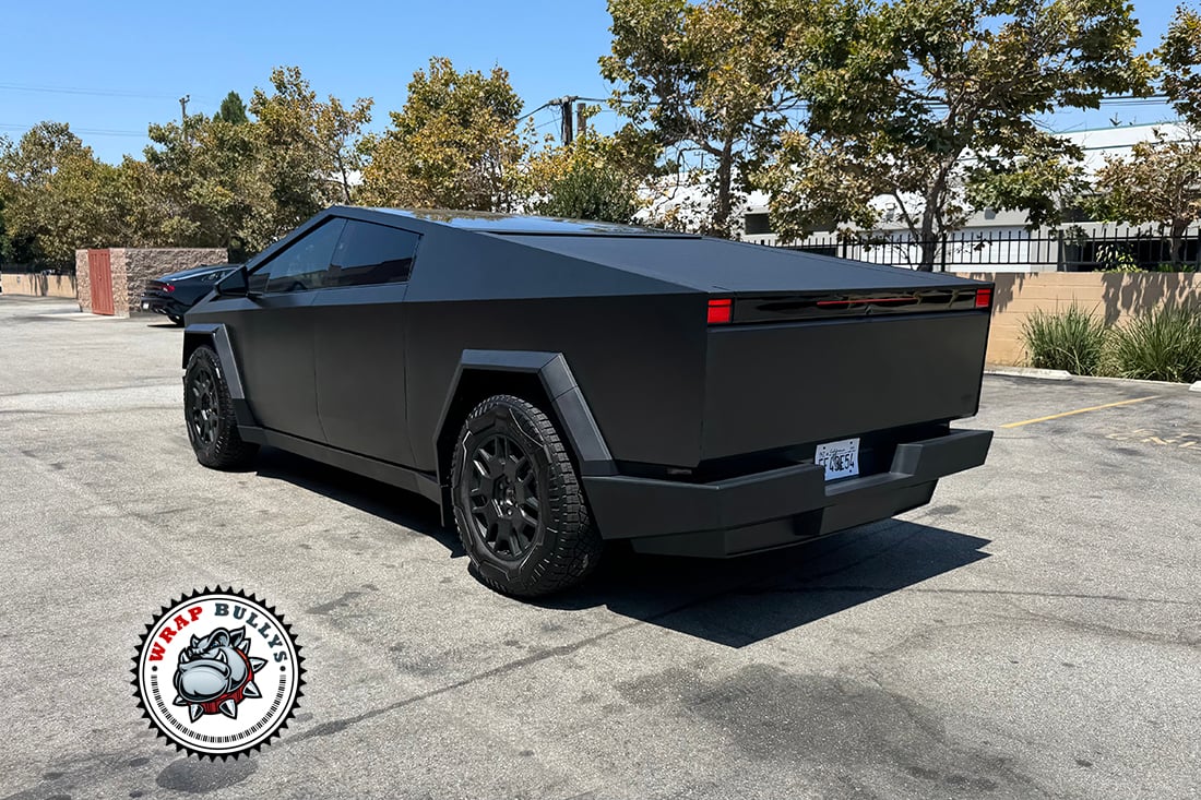 Rear angle Cybertruck matte smoke gray wrap South Bay 