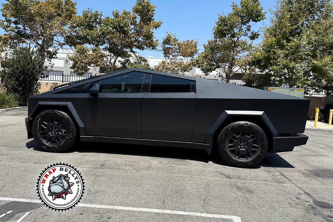 Close detail 3M PWF Matte Smoke Gray on Tesla Cybertruck 