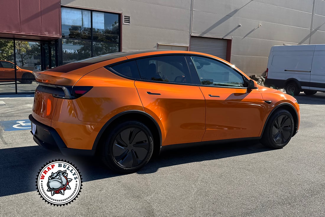 Tesla Model Y wrapped with tight copper edge work in Gardena