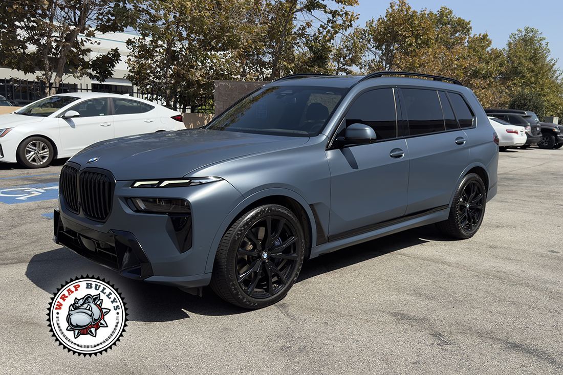 BMW M7 3M Satin Thundercloud vinyl wrap installed in South Bay Los Angeles Front Side View