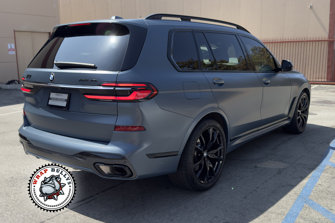BMW M7 3M Satin Thundercloud vinyl wrap installed in South Bay Los Angeles Rear View