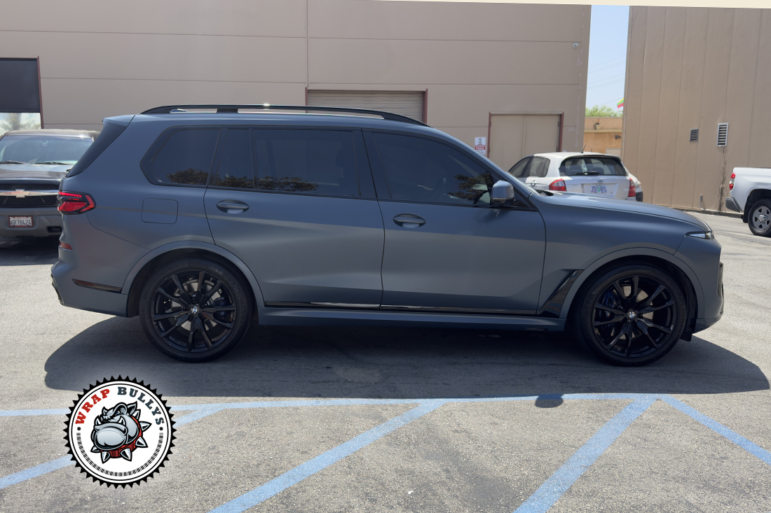 BMW M7 3M Satin Thundercloud vinyl wrap installed in South Bay Los Angeles side view
