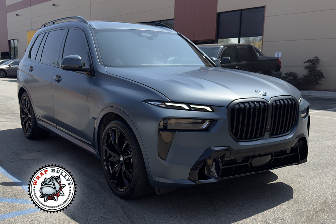 BMW M7 3M Satin Thundercloud vinyl wrap installed in South Bay Los Angeles front view