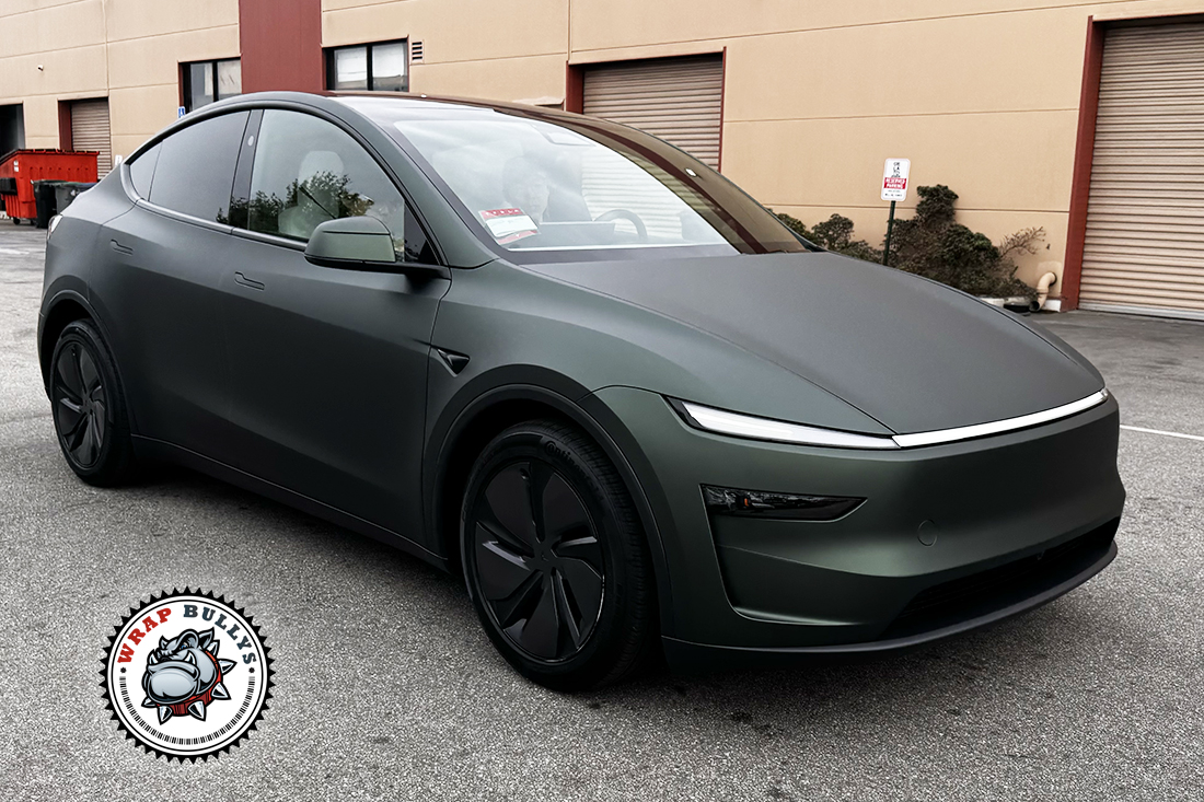 Tesla Model Y Matte Dark Green Color PPF Front Side Passenger View