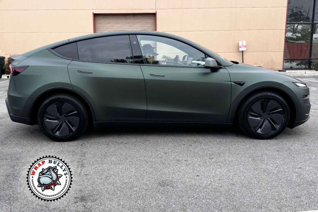 Tesla Model Y Matte Dark Green Color PPF Passanger Side View