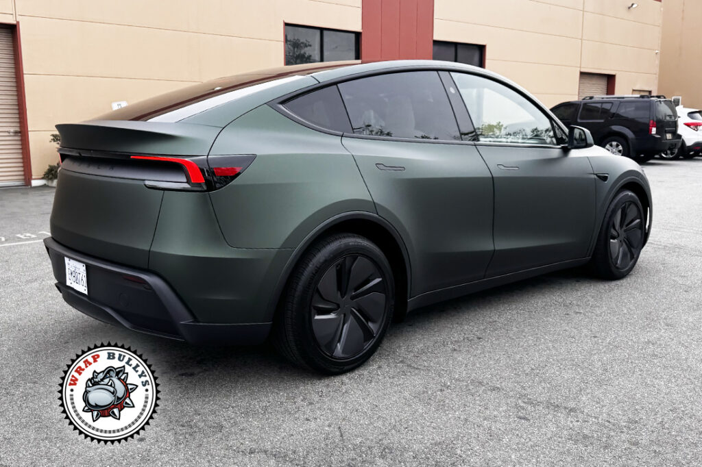 Tesla Model Y Matte Dark Green Color PPF Passenger Side Rear View