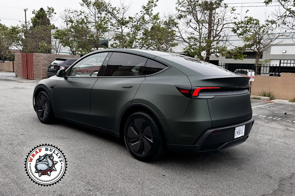 Tesla Model Y Matte Dark Green Color PPF Side Rear View