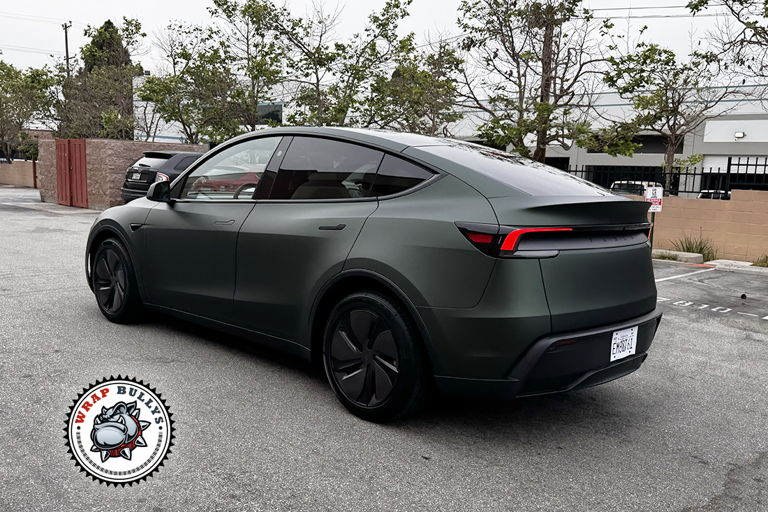 Tesla Model Y Matte Dark Green Color PPF Side Rear View