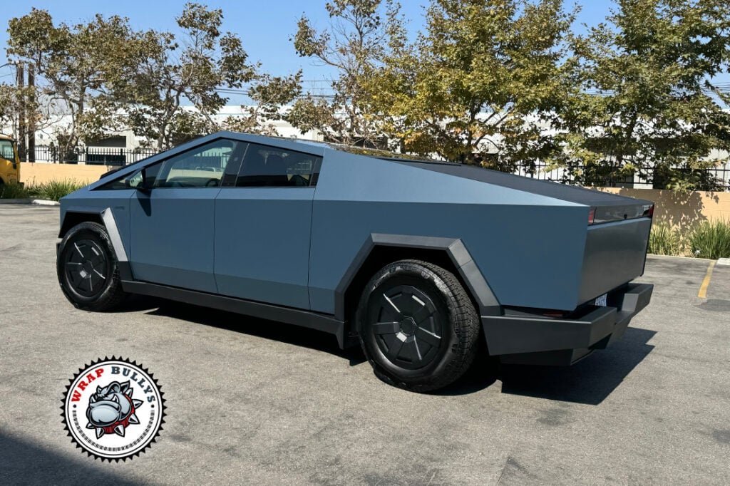 Tesla Cybertruck wrapped in 3M Satin Thundercloud, front three-quarter view
