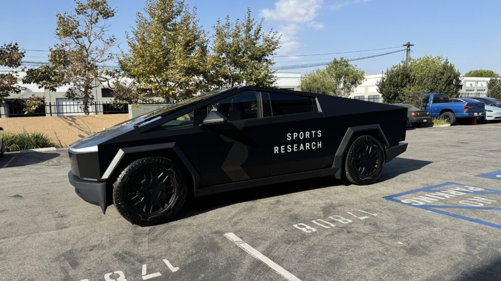 Sports Research Tesla Cybertruck commercial wrap, front passenger-side three-quarter view