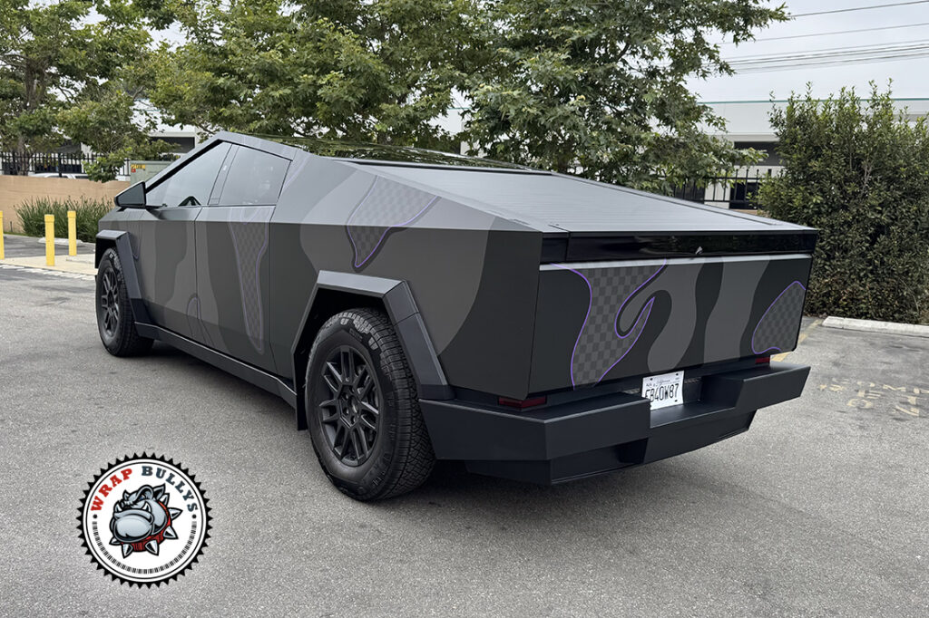Tesla Cybertruck with custom printed camo wrap, front three-quarter view