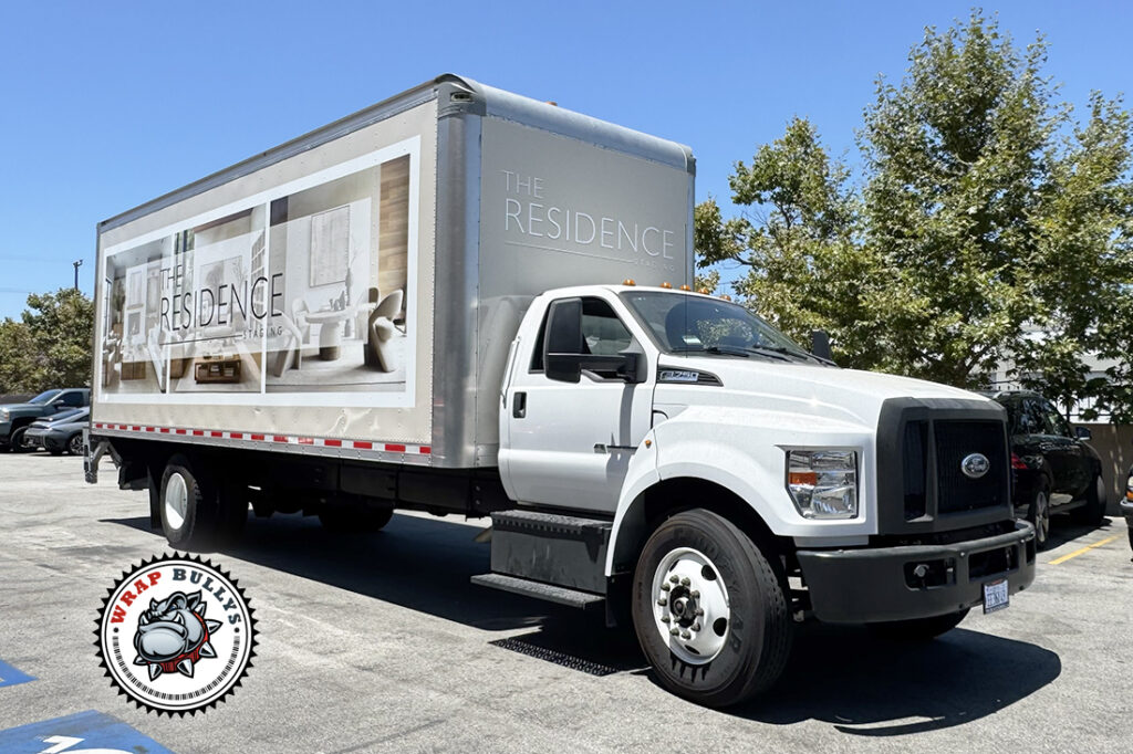 The Residence Staging box truck commercial wrap, front driver-side three-quarter view